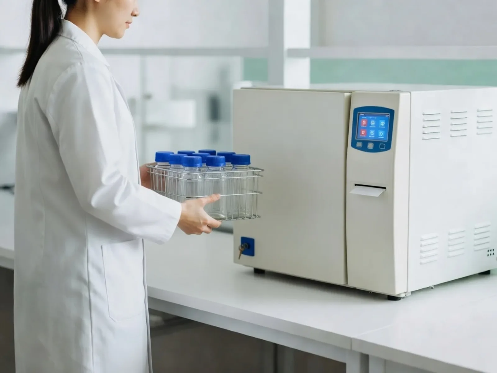Técnica de laboratorio con una cesta de frascos junto a un autoclave Raypa AH-21-B